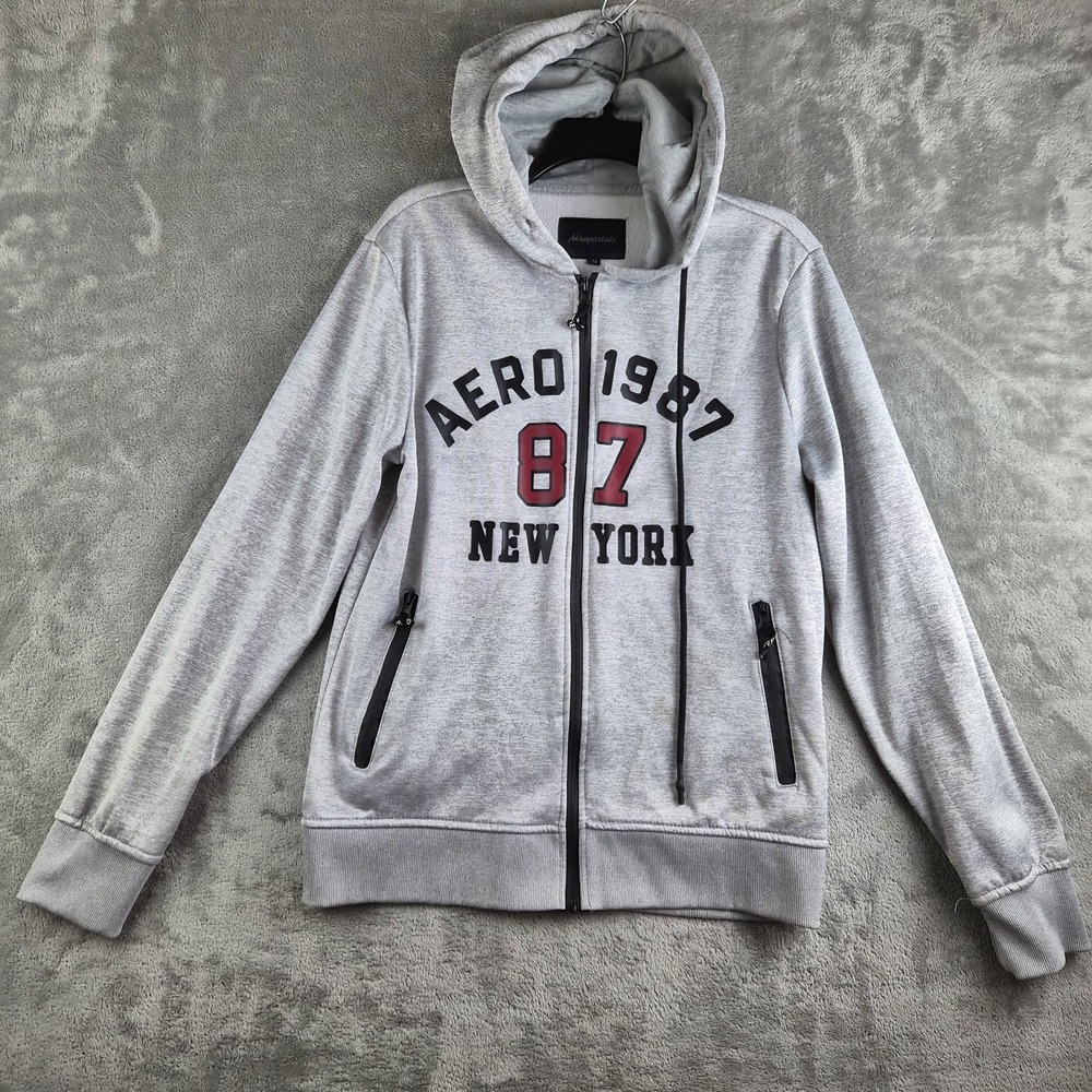 Aeropostale Sweatshirt Men Medium Gray Full Zip Hooded Aero 1987 New York Jacket